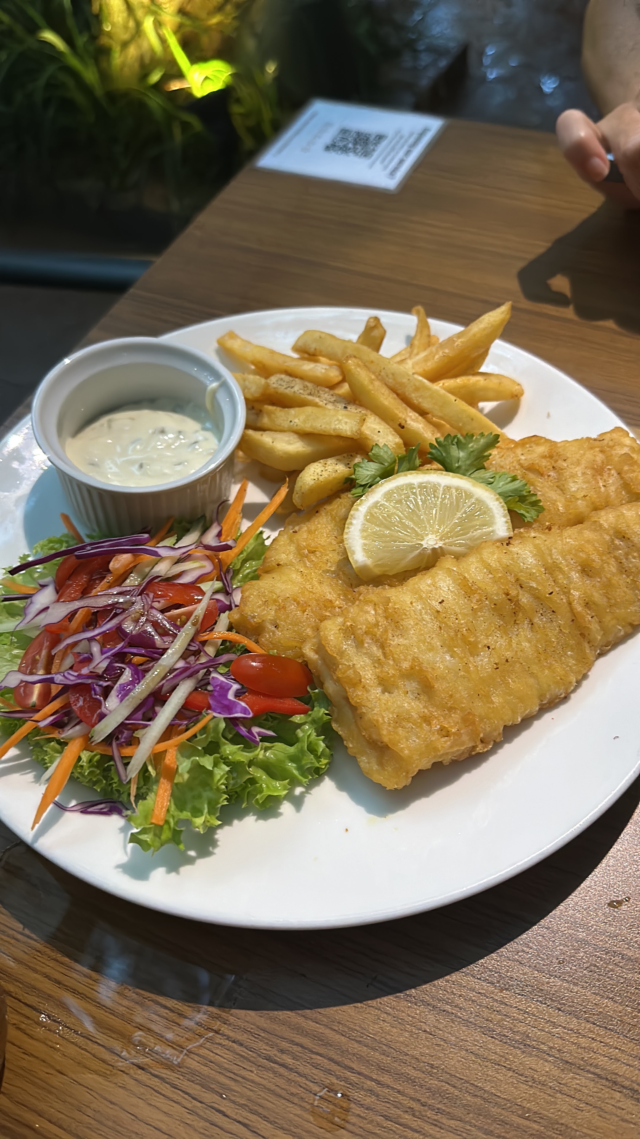 Fish and chips with fries, sauce and salad