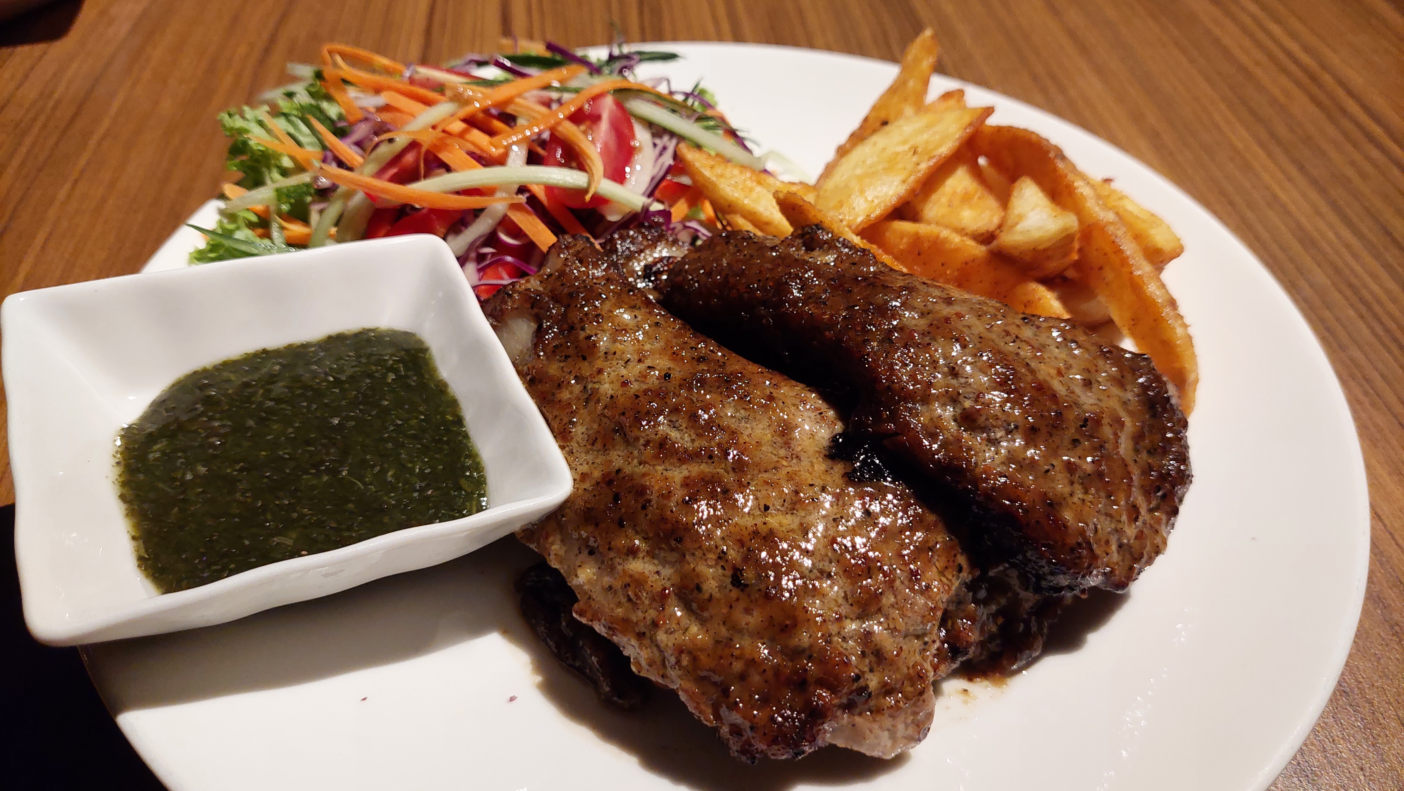 Lamb Special with fries, salad and green sauce